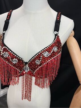Red Beaded Fringe Bra Top with Crystal Accents